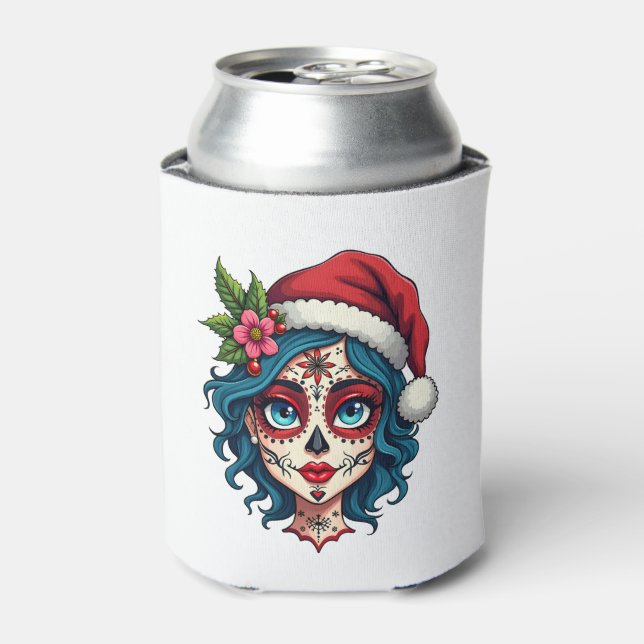 Christmas Sugar Skull Art Woman Santa Hat Festive  Can Cooler (Can Front)