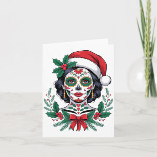 Christmas Sugar Skull Art Woman Santa Hat Festive  Card