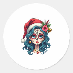 Christmas Sugar Skull Art Woman Santa Hat Festive  Classic Round Sticker