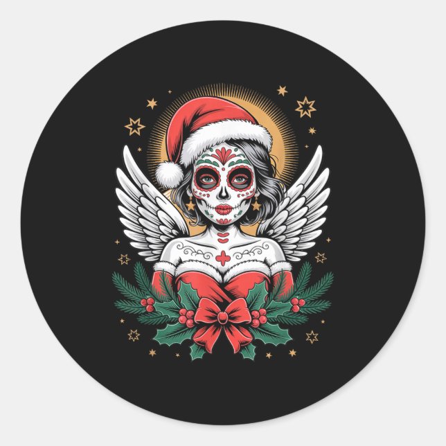 Christmas Sugar Skull Art Woman Santa Hat Festive  Classic Round Sticker (Front)