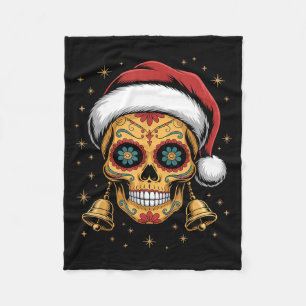 Christmas Sugar Skull Art Woman Santa Hat Festive Fleece Blanket