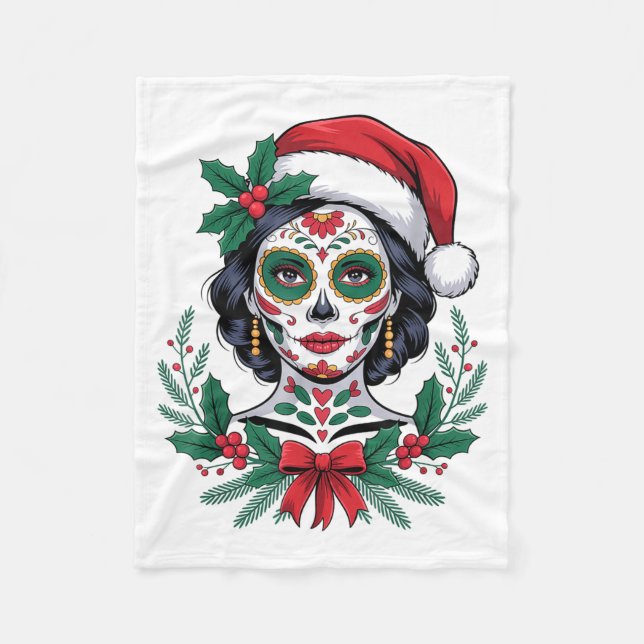 Christmas Sugar Skull Art Woman Santa Hat Festive  Fleece Blanket (Front)