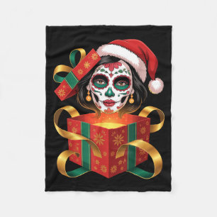 Christmas Sugar Skull Art Woman Santa Hat Festive Fleece Blanket