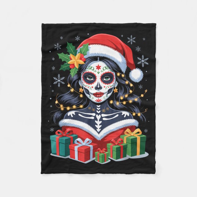 Christmas Sugar Skull Art Woman Santa Hat Festive  Fleece Blanket (Front)