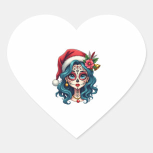 Christmas Sugar Skull Art Woman Santa Hat Festive  Heart Sticker