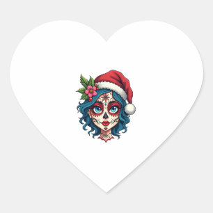 Christmas Sugar Skull Art Woman Santa Hat Festive  Heart Sticker
