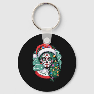 Christmas Sugar Skull Art Woman Santa Hat Festive  Key Ring