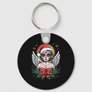 Christmas Sugar Skull Art Woman Santa Hat Festive  Key Ring