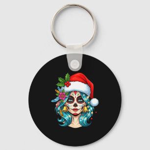 Christmas Sugar Skull Art Woman Santa Hat Festive  Key Ring