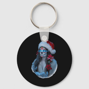 Christmas Sugar Skull Art Woman Santa Hat Festive  Key Ring