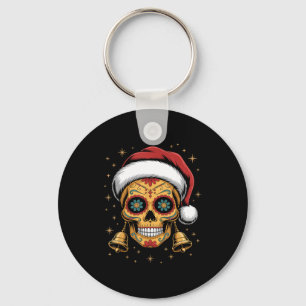 Christmas Sugar Skull Art Woman Santa Hat Festive  Key Ring