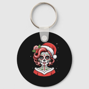 Christmas Sugar Skull Art Woman Santa Hat Festive  Key Ring