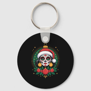 Christmas Sugar Skull Art Woman Santa Hat Festive  Key Ring