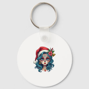 Christmas Sugar Skull Art Woman Santa Hat Festive Key Ring