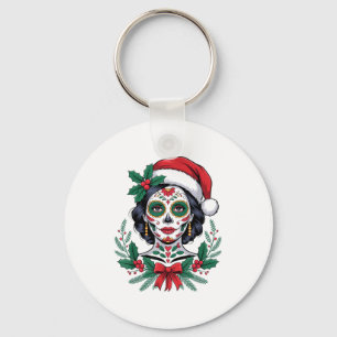 Christmas Sugar Skull Art Woman Santa Hat Festive  Key Ring