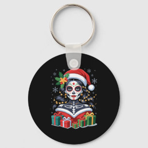 Christmas Sugar Skull Art Woman Santa Hat Festive  Key Ring