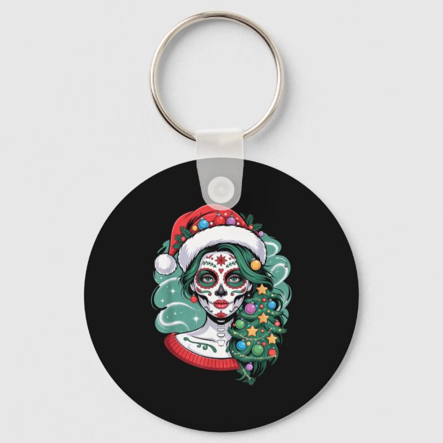 Christmas Sugar Skull Art Woman Santa Hat Festive  Key Ring (Front)