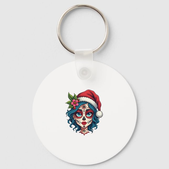 Christmas Sugar Skull Art Woman Santa Hat Festive  Key Ring (Front)