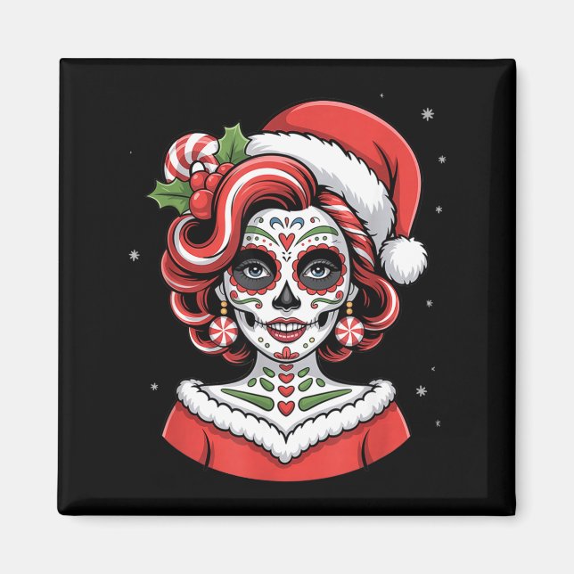 Christmas Sugar Skull Art Woman Santa Hat Festive  Magnet (Front)
