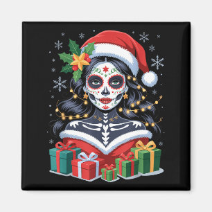 Christmas Sugar Skull Art Woman Santa Hat Festive  Magnet