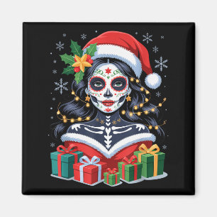 Christmas Sugar Skull Art Woman Santa Hat Festive  Magnet
