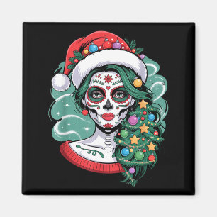 Christmas Sugar Skull Art Woman Santa Hat Festive  Magnet
