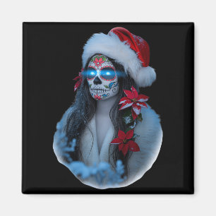 Christmas Sugar Skull Art Woman Santa Hat Festive  Magnet