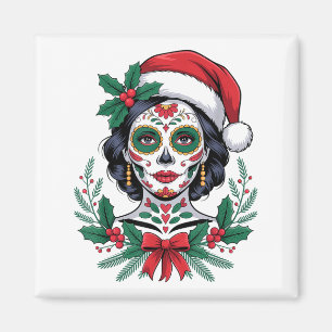 Christmas Sugar Skull Art Woman Santa Hat Festive  Magnet