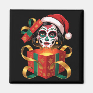 Christmas Sugar Skull Art Woman Santa Hat Festive  Magnet