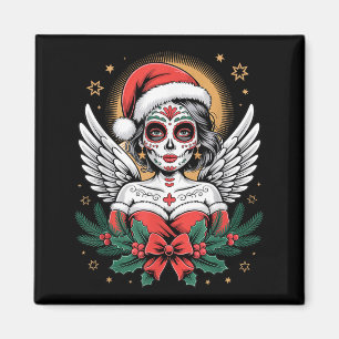 Christmas Sugar Skull Art Woman Santa Hat Festive  Magnet