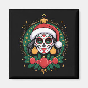 Christmas Sugar Skull Art Woman Santa Hat Festive  Magnet