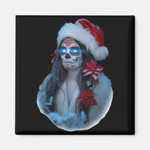 Christmas Sugar Skull Art Woman Santa Hat Festive  Magnet