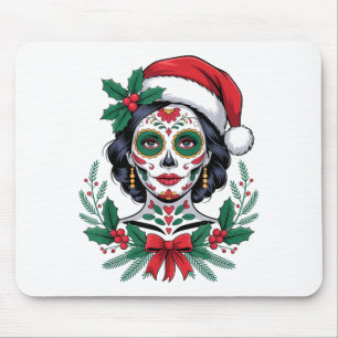 Christmas Sugar Skull Art Woman Santa Hat Festive Mouse Pad