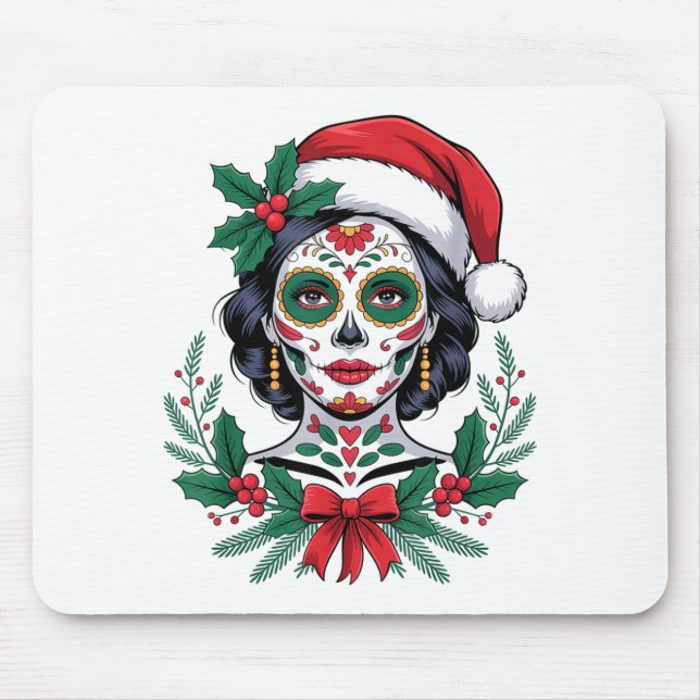 Christmas Sugar Skull Art Woman Santa Hat Festive  Mouse Pad (Front)