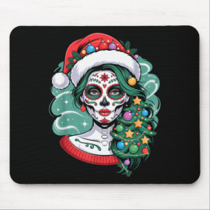 Christmas Sugar Skull Art Woman Santa Hat Festive Mouse Pad