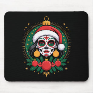 Christmas Sugar Skull Art Woman Santa Hat Festive  Mouse Pad
