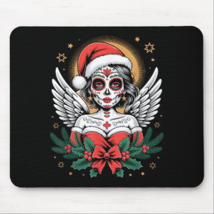 Christmas Sugar Skull Art Woman Santa Hat Festive  Mouse Pad
