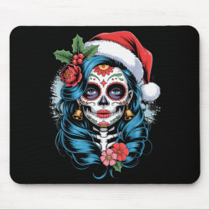Christmas Sugar Skull Art Woman Santa Hat Festive  Mouse Pad