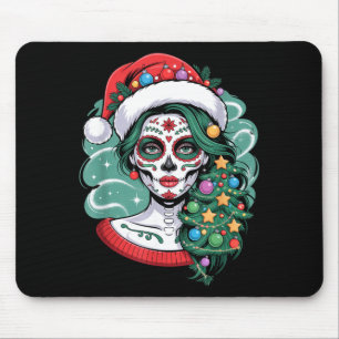 Christmas Sugar Skull Art Woman Santa Hat Festive  Mouse Pad