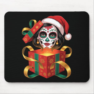 Christmas Sugar Skull Art Woman Santa Hat Festive  Mouse Pad