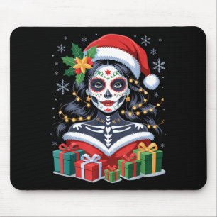 Christmas Sugar Skull Art Woman Santa Hat Festive  Mouse Pad