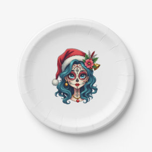 Christmas Sugar Skull Art Woman Santa Hat Festive Paper Plate