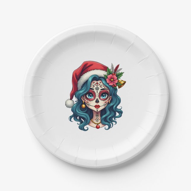 Christmas Sugar Skull Art Woman Santa Hat Festive  Paper Plate (Front)