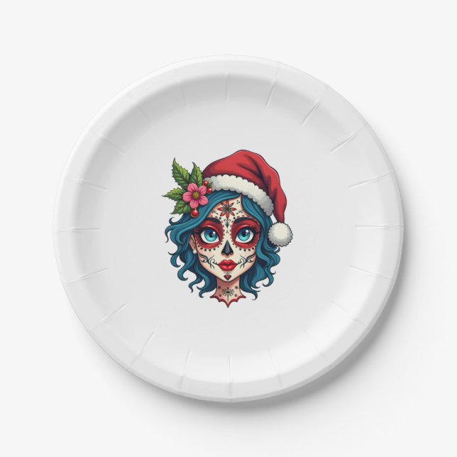 Christmas Sugar Skull Art Woman Santa Hat Festive  Paper Plate (Front)
