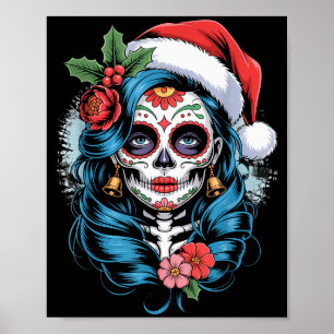 Christmas Sugar Skull Art Woman Santa Hat Festive  Poster