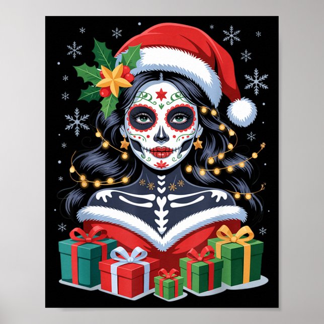 Christmas Sugar Skull Art Woman Santa Hat Festive  Poster (Front)
