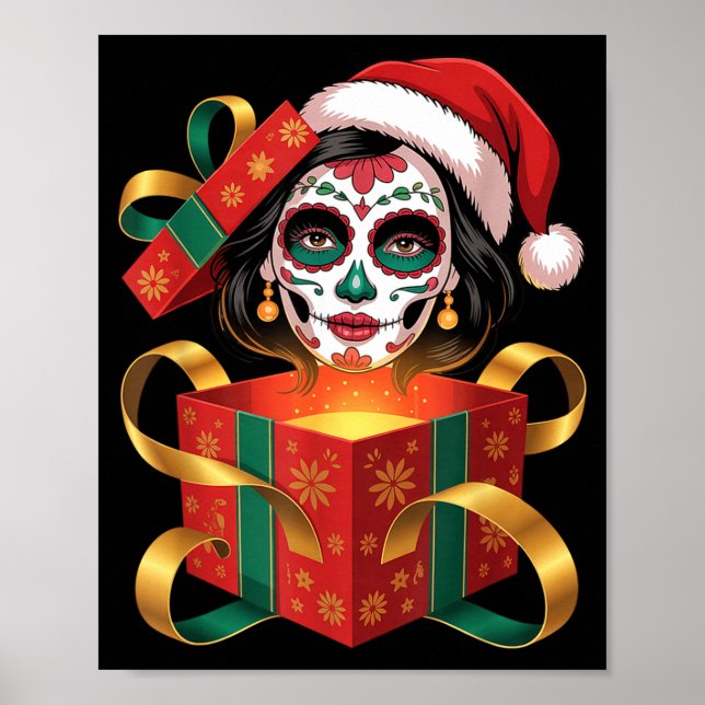 Christmas Sugar Skull Art Woman Santa Hat Festive  Poster (Front)