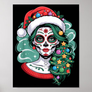 Christmas Sugar Skull Art Woman Santa Hat Festive Poster