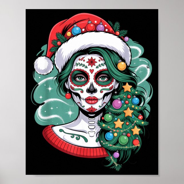 Christmas Sugar Skull Art Woman Santa Hat Festive  Poster (Front)