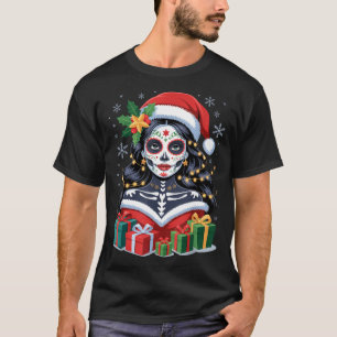 Christmas Sugar Skull Art Woman Santa Hat Festive  T-Shirt